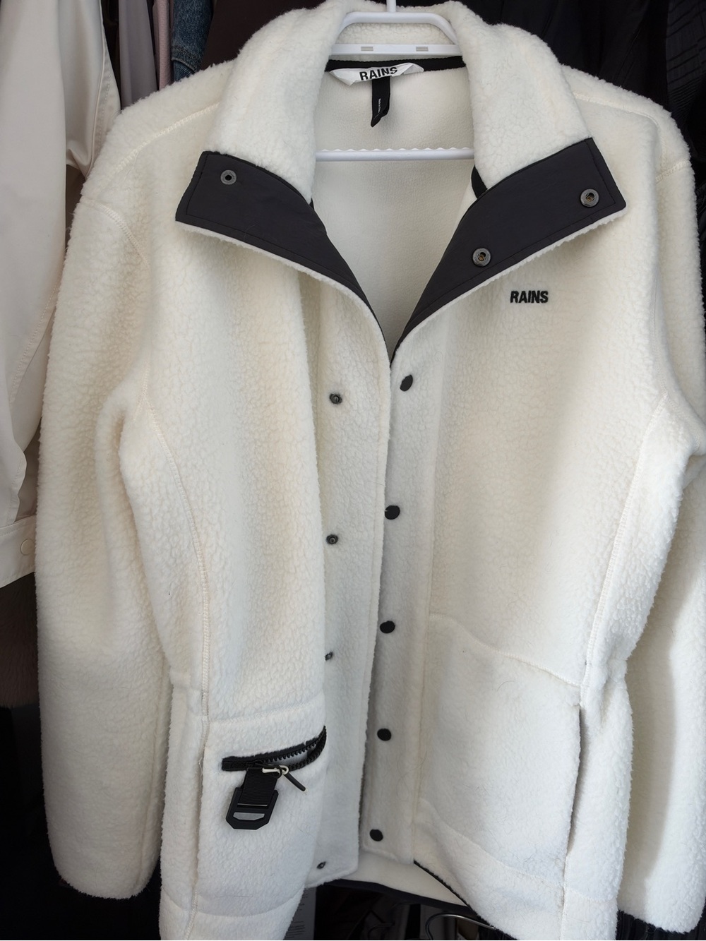 Rains White Fleece Jacket with Black Trim in Size XS